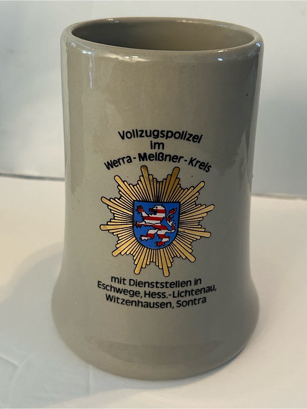 German Police Crest ceramic beer Mug in Gray Hessian lion coat of arms 0.5L